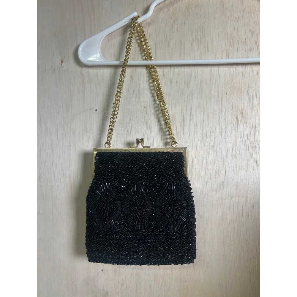 La Regale Evening Bag Women OS Black Excellent Beaded Vintage Gold Chain Clutch‎